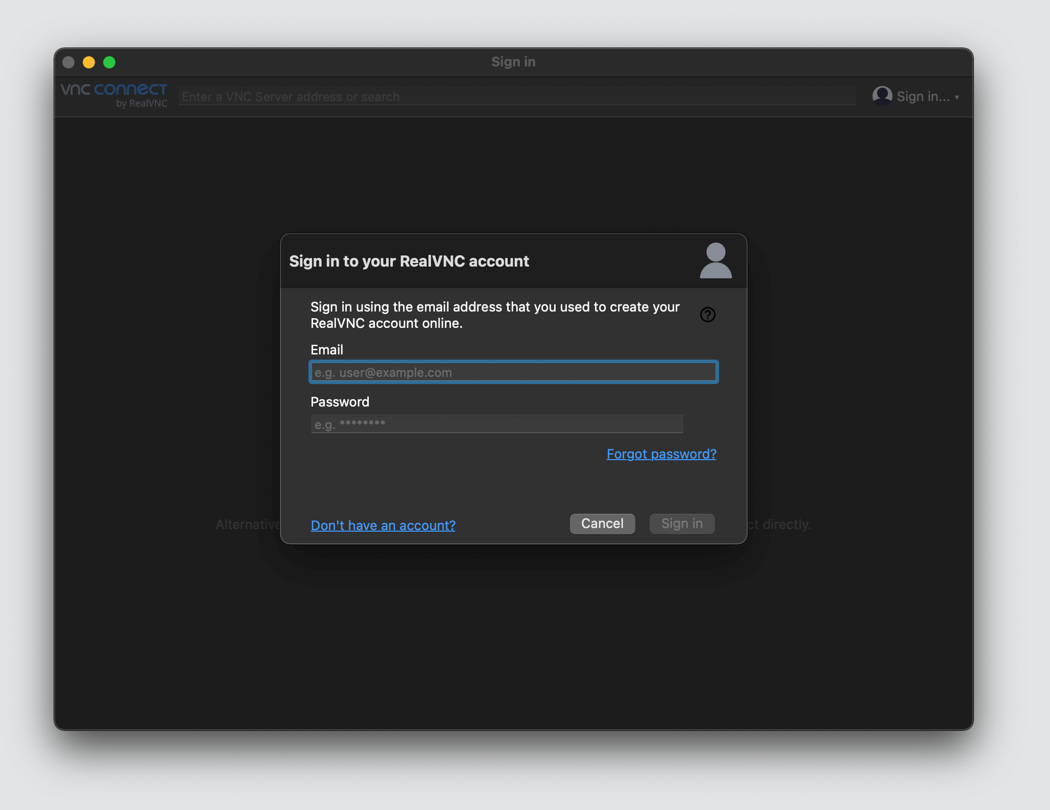 VNC Viewer sign in VNC Connect macOS screen sharing
