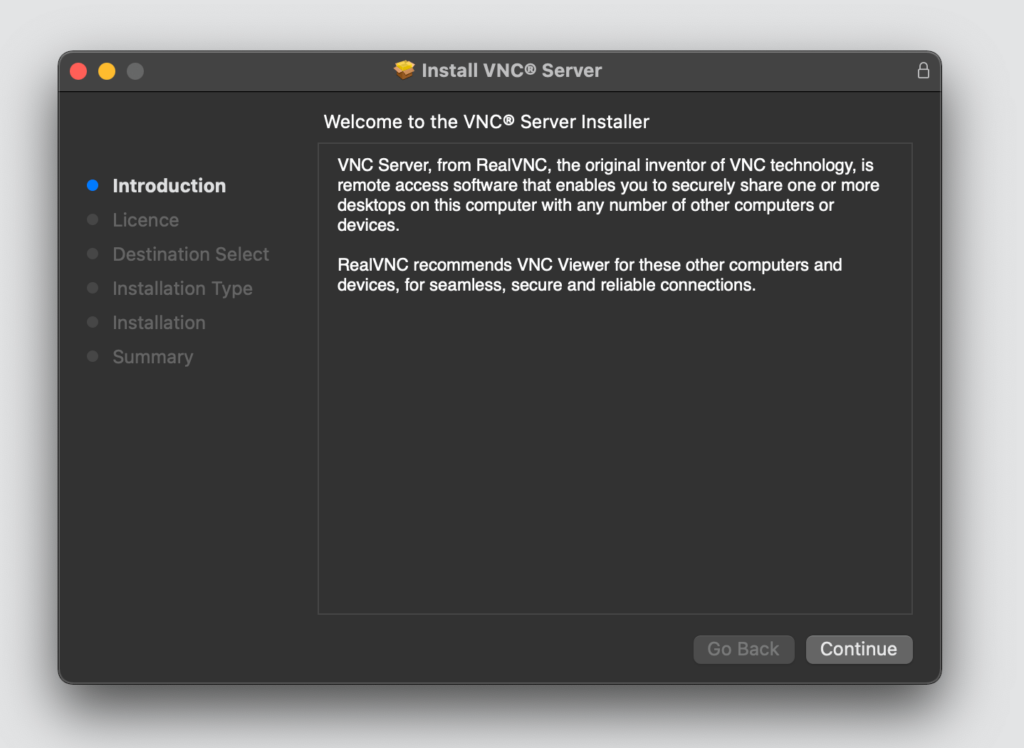 The RealVNC Server installer that will help you learn how to share your screen on a Mac computer