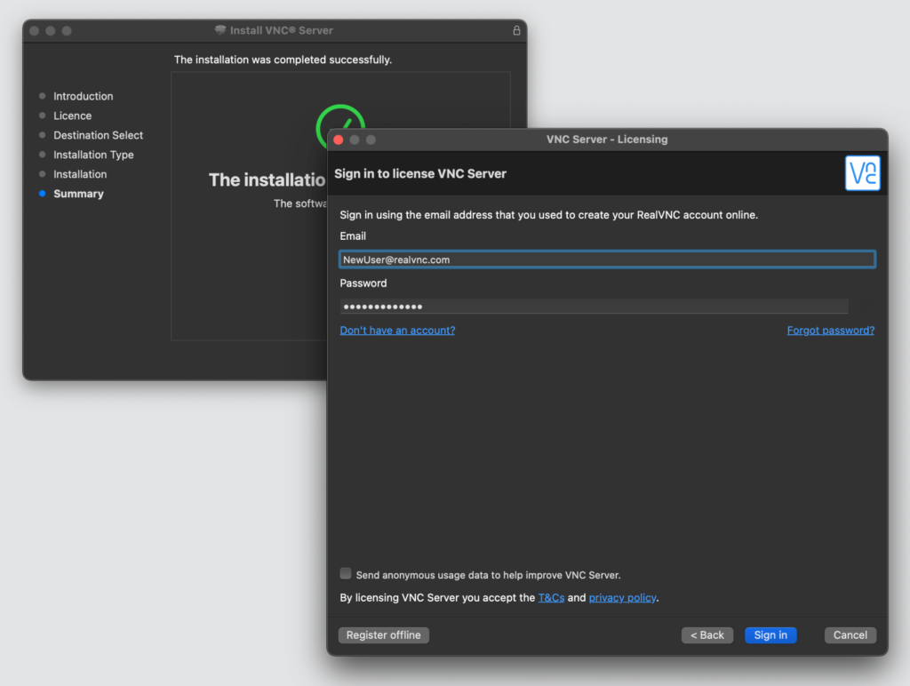 Signing in to license RealVNC Server