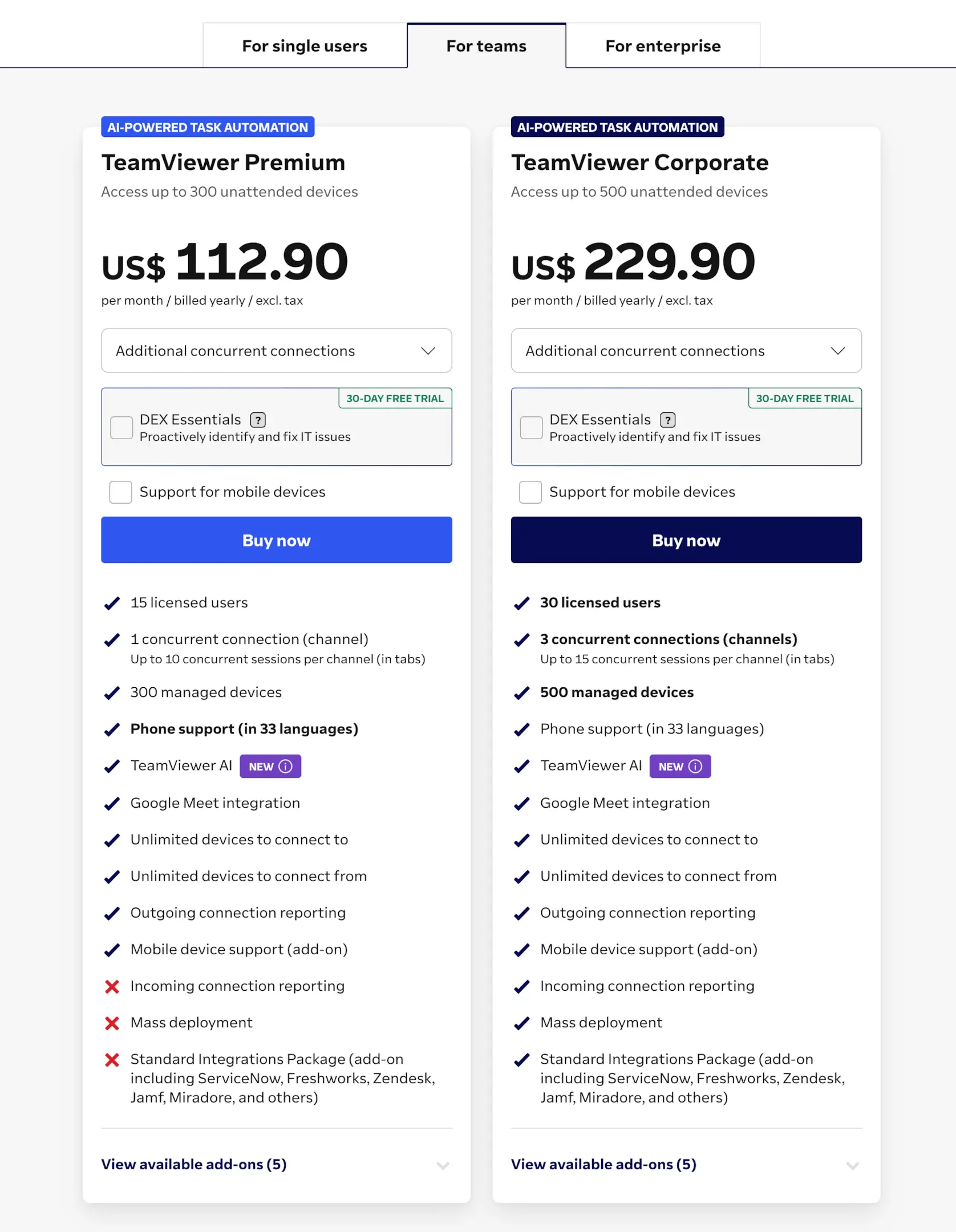 TeamViewer pricing plans for teams