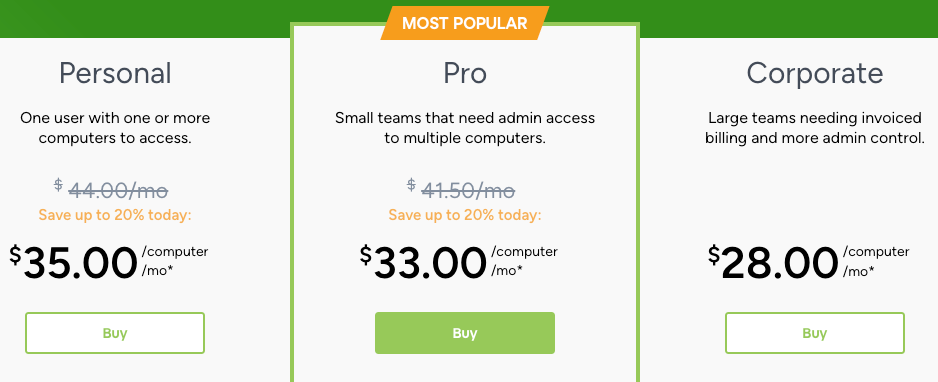 Screenshot of the three GoToMyPC pricing plans.