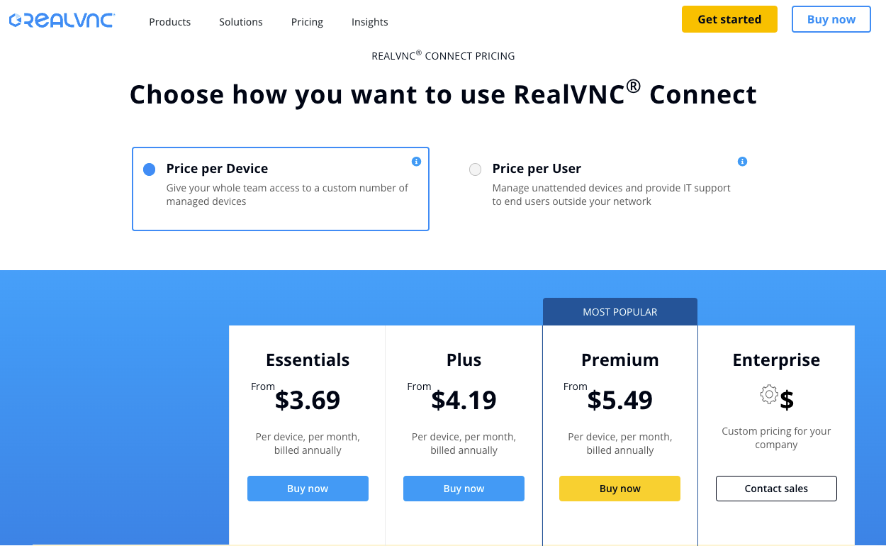 RealVNC Connect pricing per device