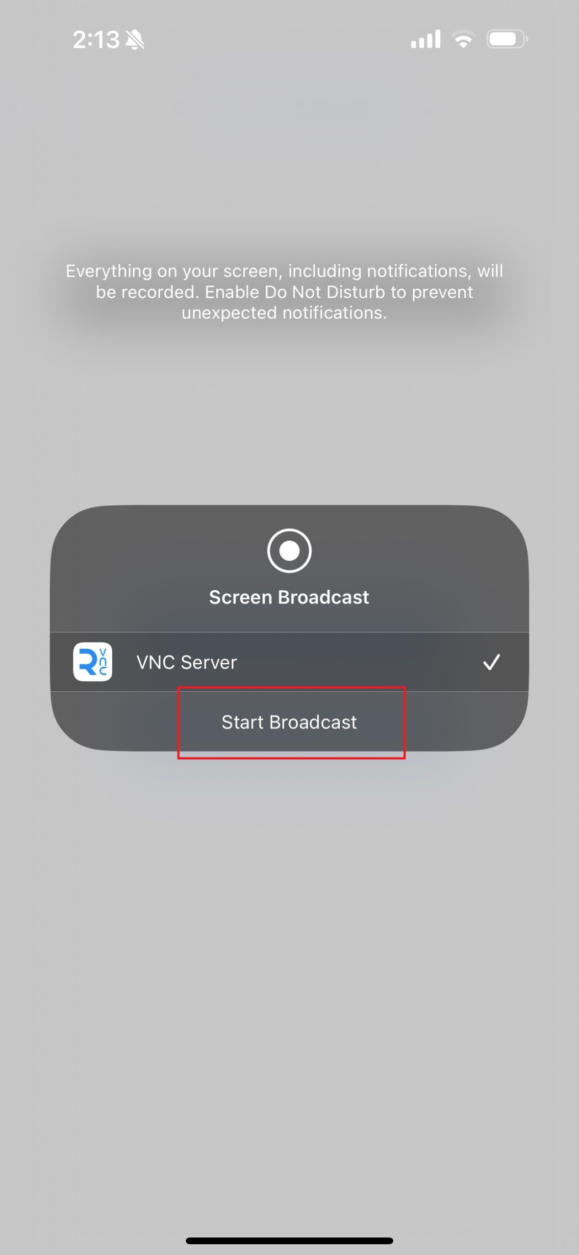 Start Broadcast button to start remote session with iPhone user