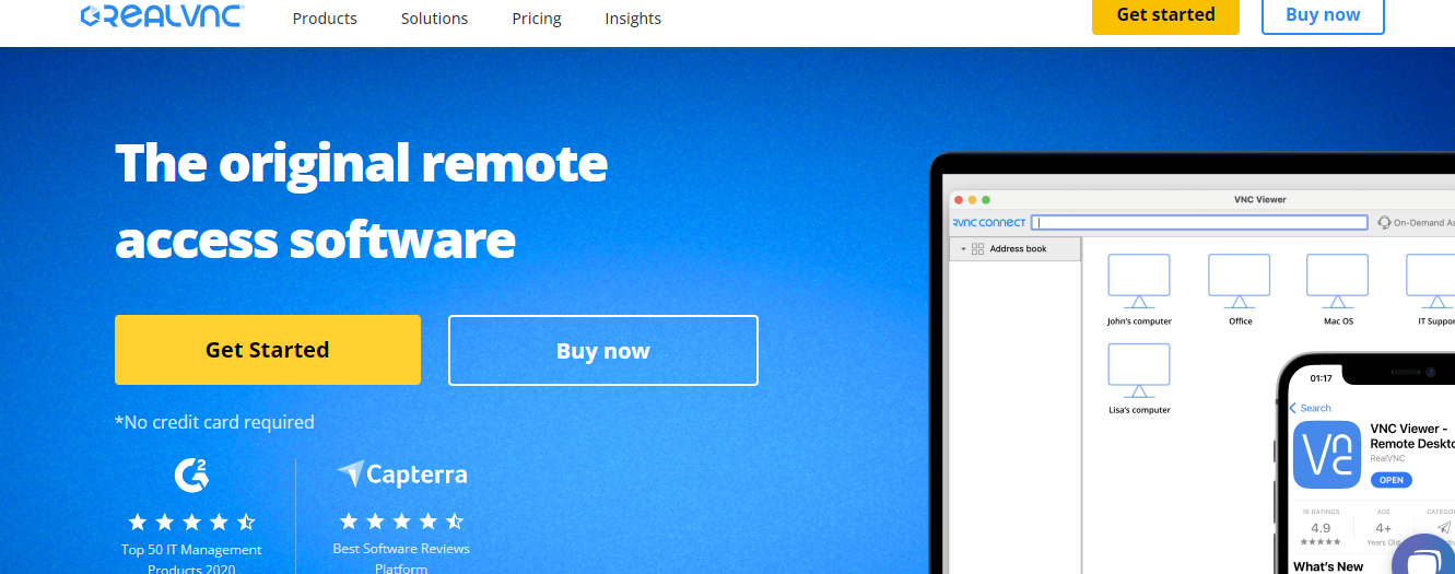 Image of the homepage of RealVNC