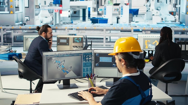 Photovoltaics factory engineer planning work on facility floor in CAD software