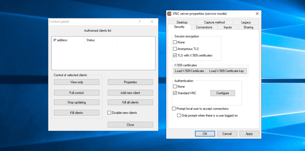 TigerVNC Server showing security settings on Windows Server 2019.