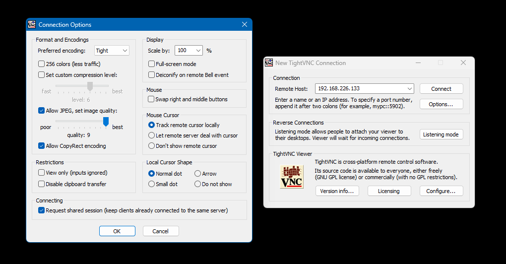 TightVNC’s performance and image quality settings menu.