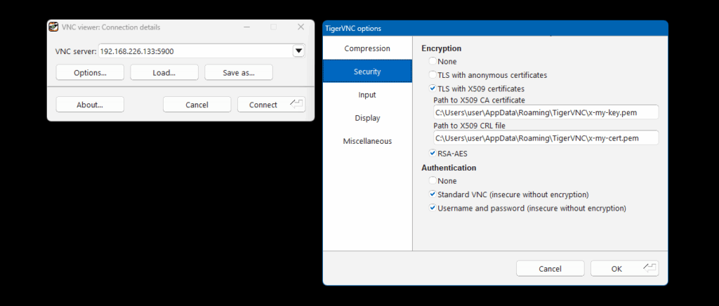 TigerVNC client connection dialogue box and security settings.