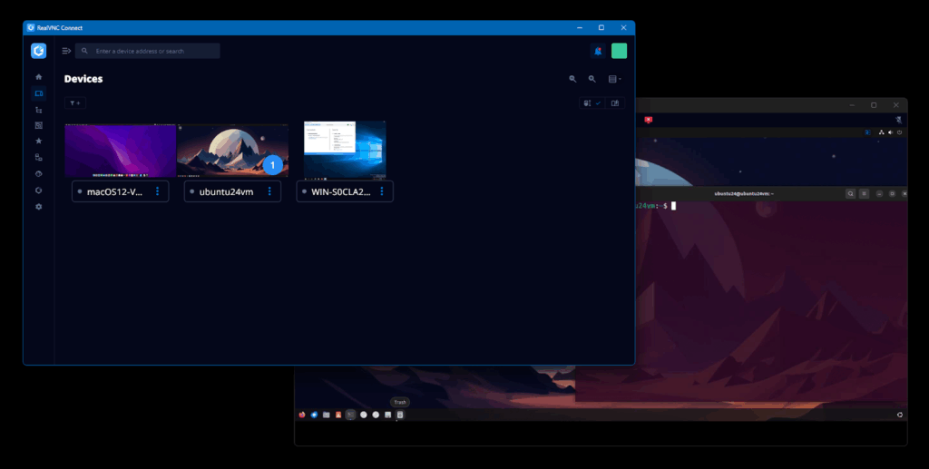 RealVNC Connect Client showing the managed devices list while an active session to an Ubuntu desktop is shown.