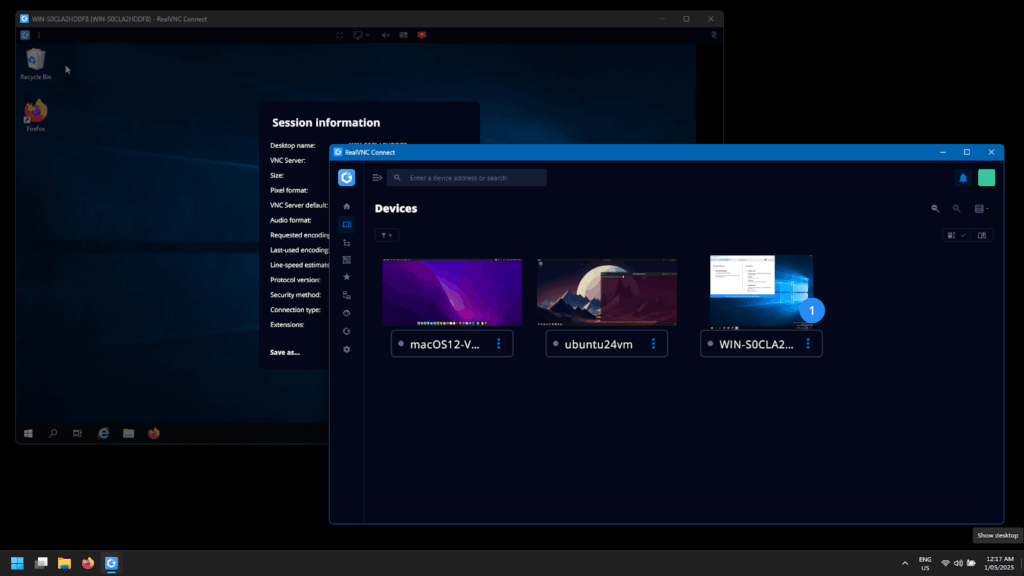 The modern interface of RealVNC and a remote session with an Ubuntu Linux desktop.