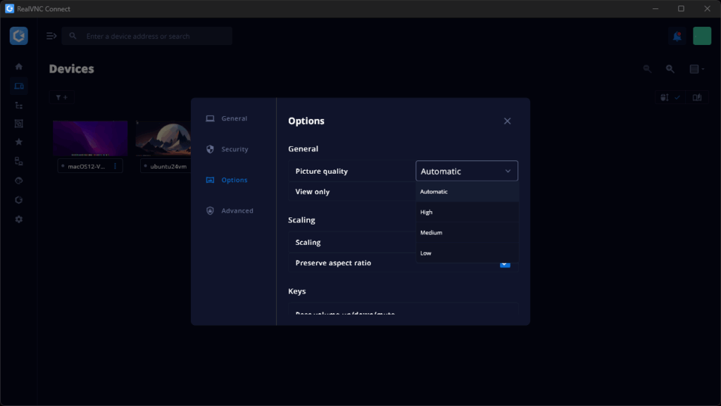 RealVNC Connect V8 showing options menu for picture quality settings.