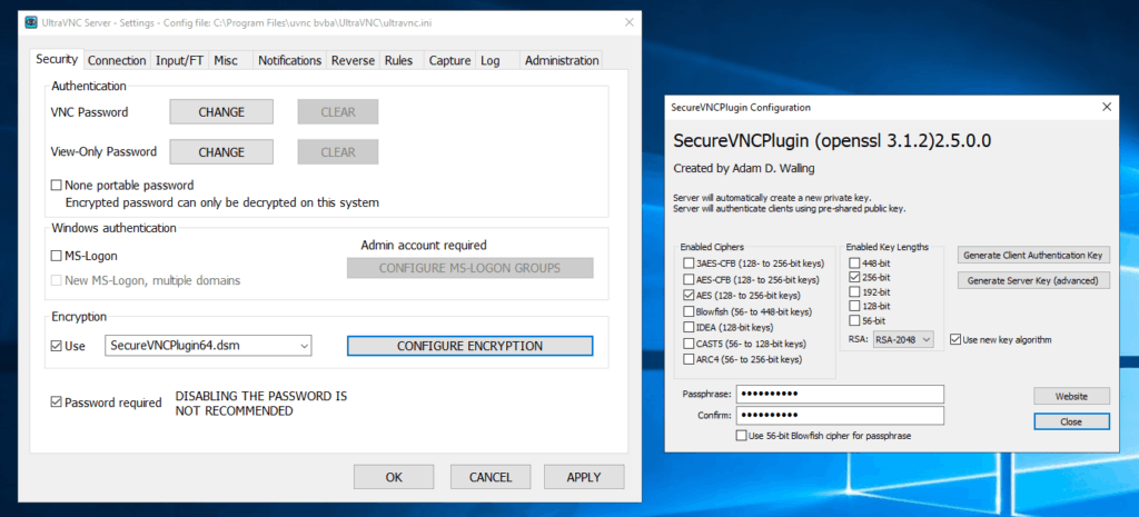 UltraVNC application showing the manual configuration for encryption certificate creation for the server-side.