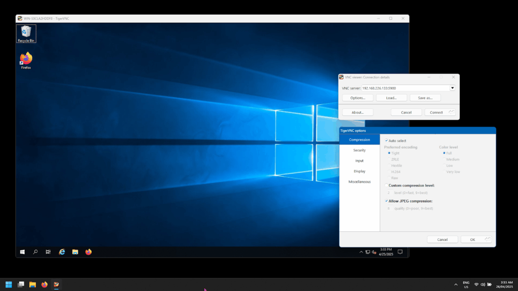 TigerVNC client application and VNC session with Windows Server 2019.