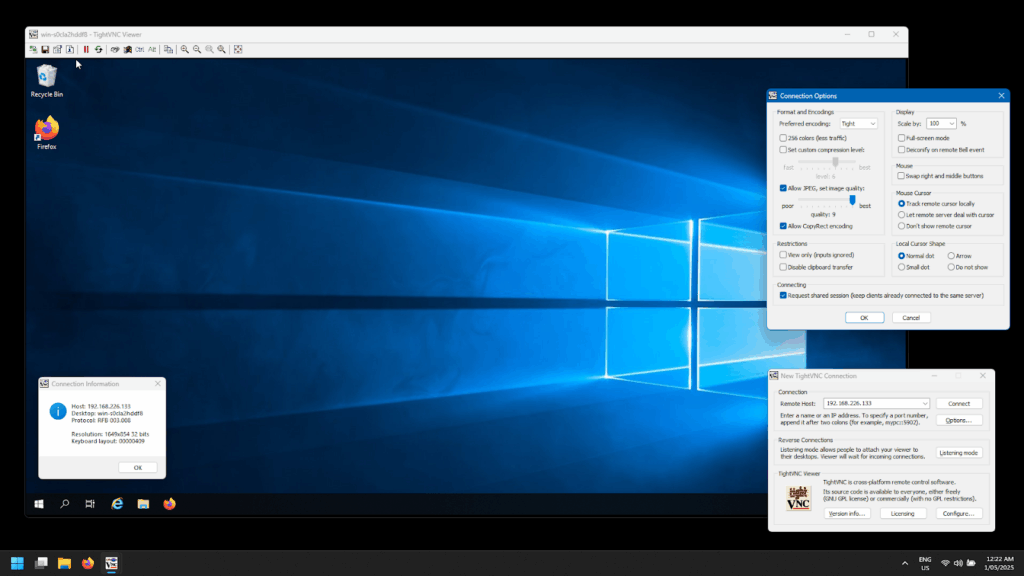 TightVNC user interface with a Windows Server remote session.