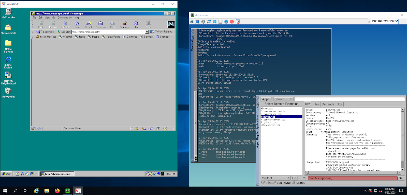 Windows Server 2019 with a RealVNC session to Win98 and UltraVNC session to Linux FLWM.