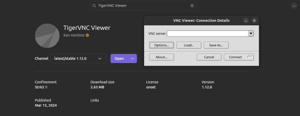 Ubuntu Package Manager showing the successful installation of TigerVNC.