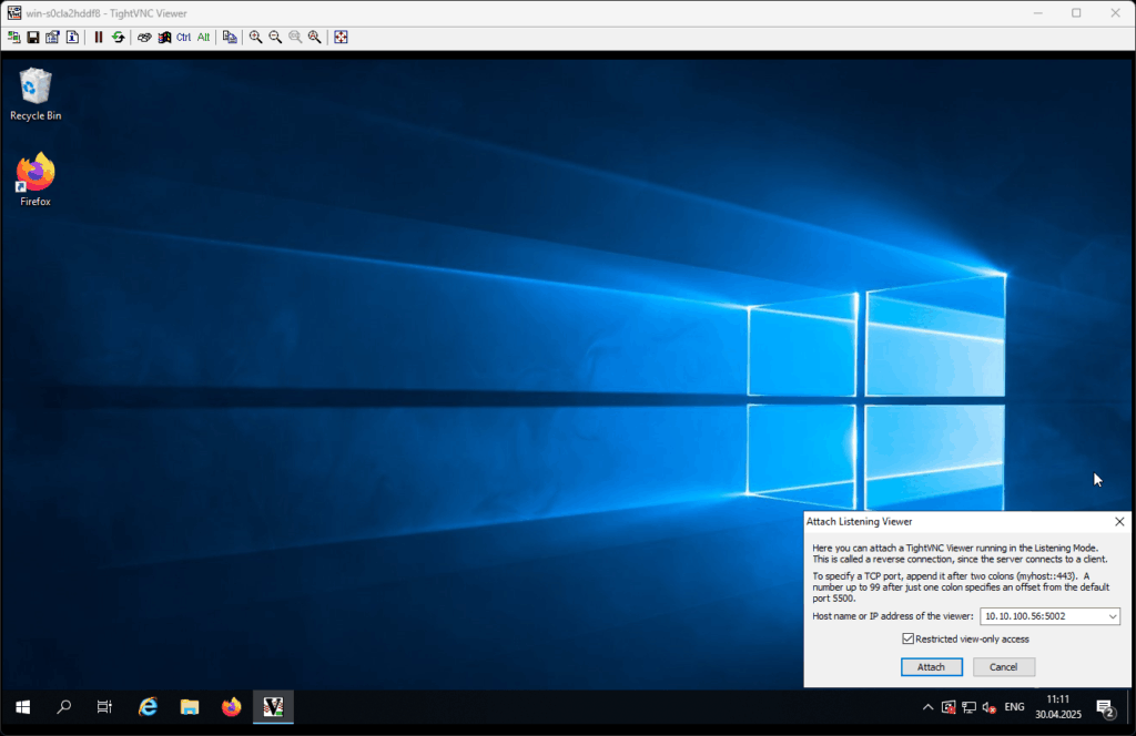 TightVNC session with Windows Server 2019 showing the listening mode feature.