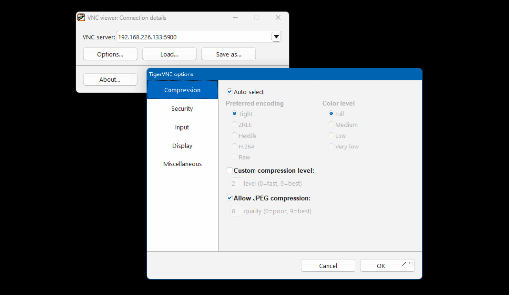 TigerVNC viewer showing the settings window and image quality settings.