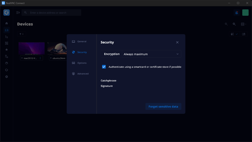 RealVNC Connect V8 application showing security and encryption settings.