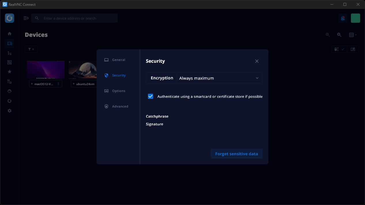 RealVNC Connect V8 application showing security and encryption settings.
