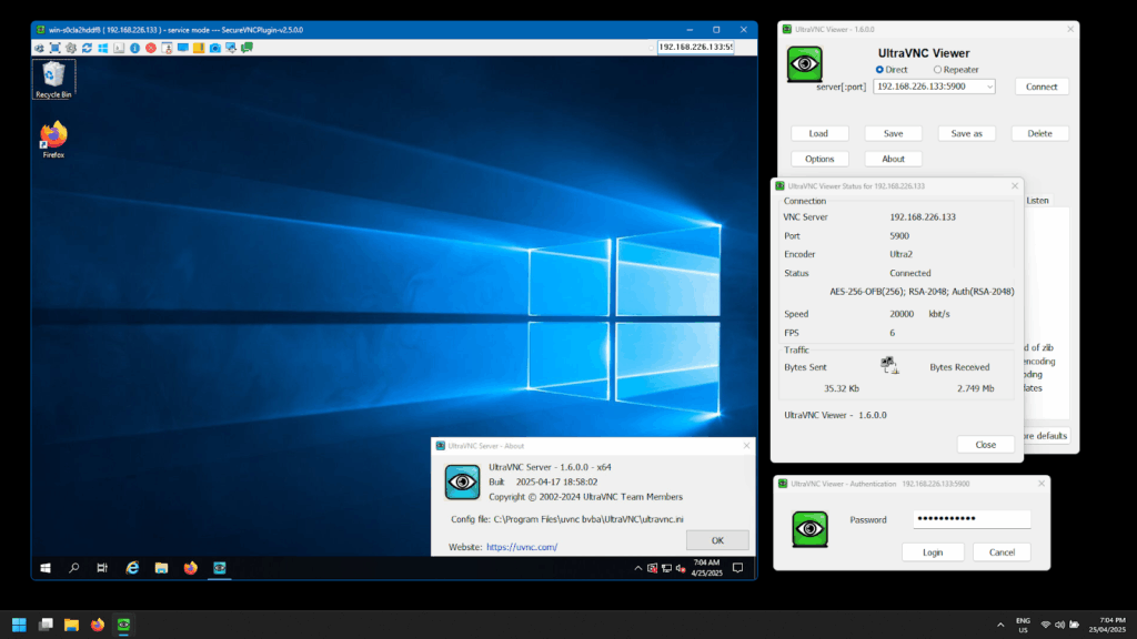 UltraVNC viewer connected to a Windows Server 2019 instance with application screenshot.