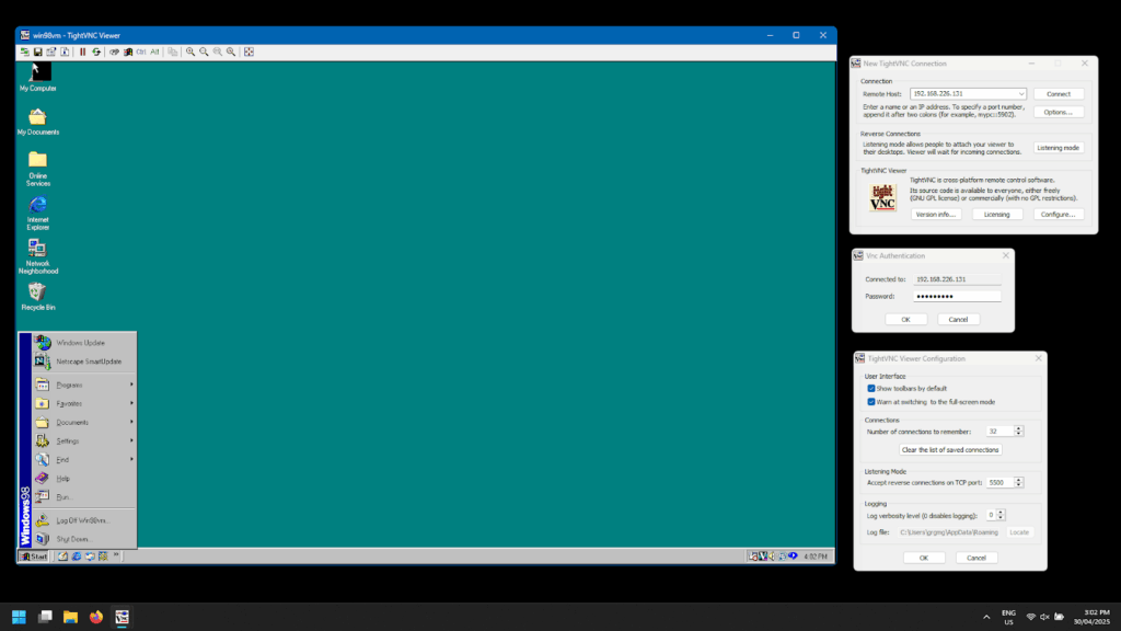 The latest version of TightVNC connecting with TightVNC Server 1.3 on Windows 89se.