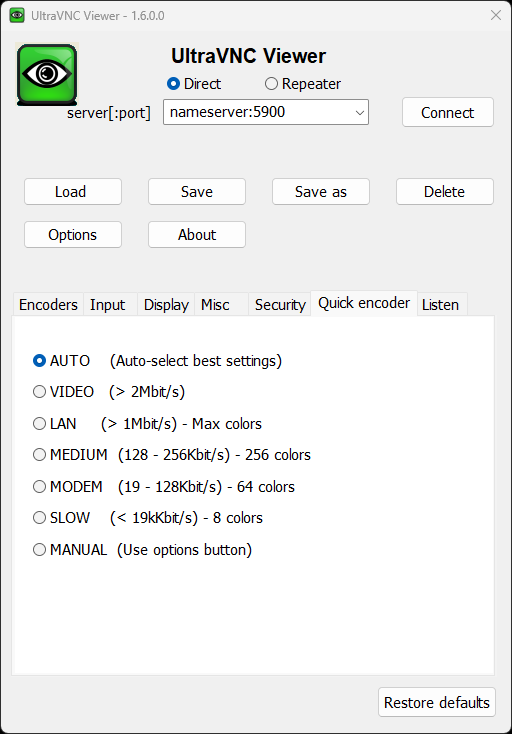 UltraVNC Viewer application showing the quick encoder options depending on connection type and speed.