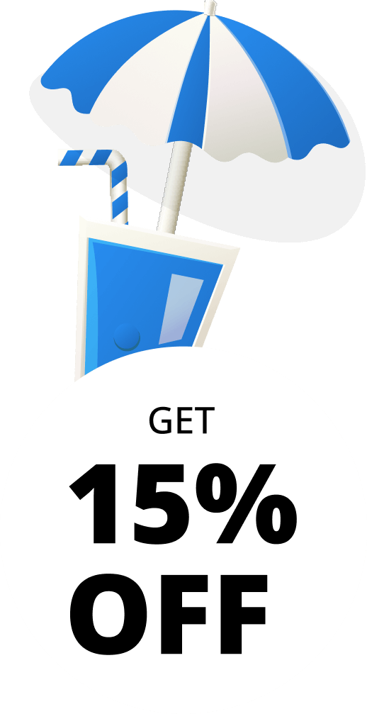 15% off summer special graphic with beach umbrella and drink