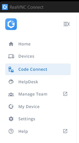 Code Connect menu RealVNC Connect v8