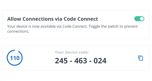 Code Connect menu RealVNC Connect v8 Generated Code