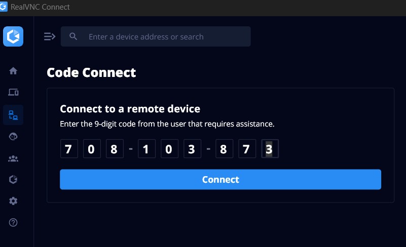 Code Connect menu RealVNC Connect v8 Input Code