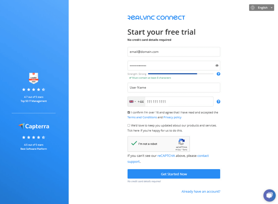 RealVNC Connect create account
