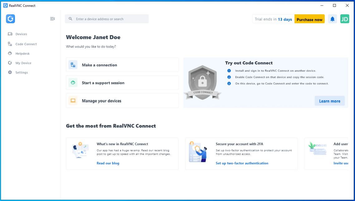 RealVNC Connect dashboard