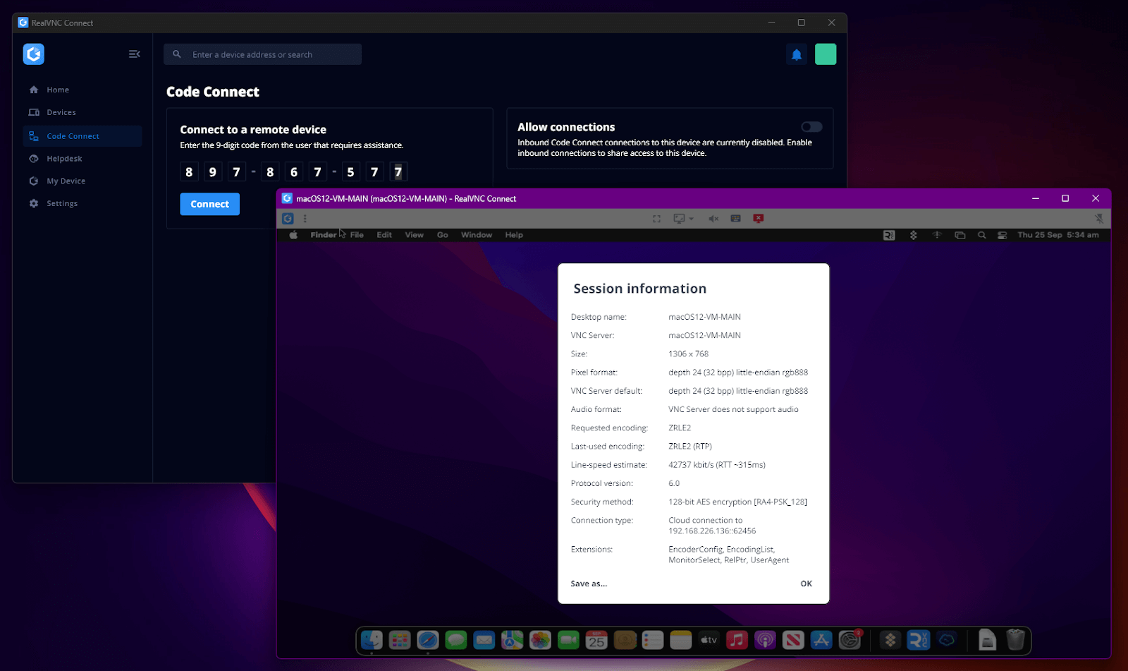 RealVNC Connect macOS remote session showing details