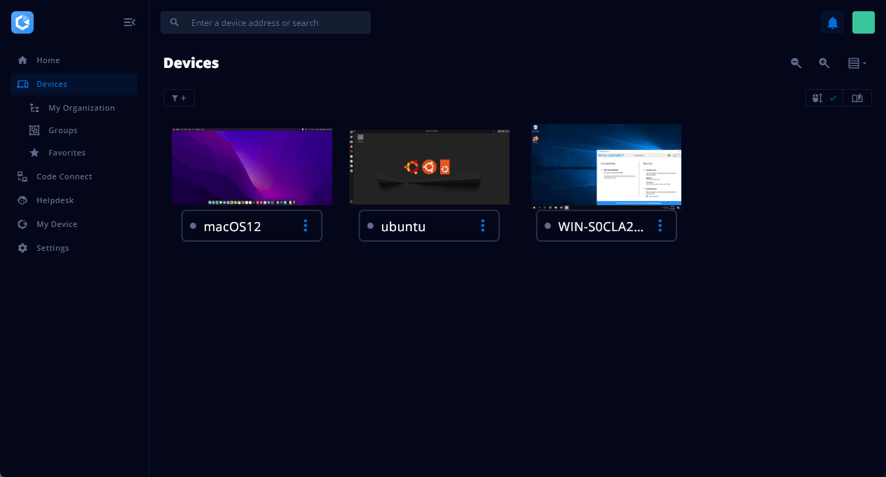 RealVNC Connect showing available devices
