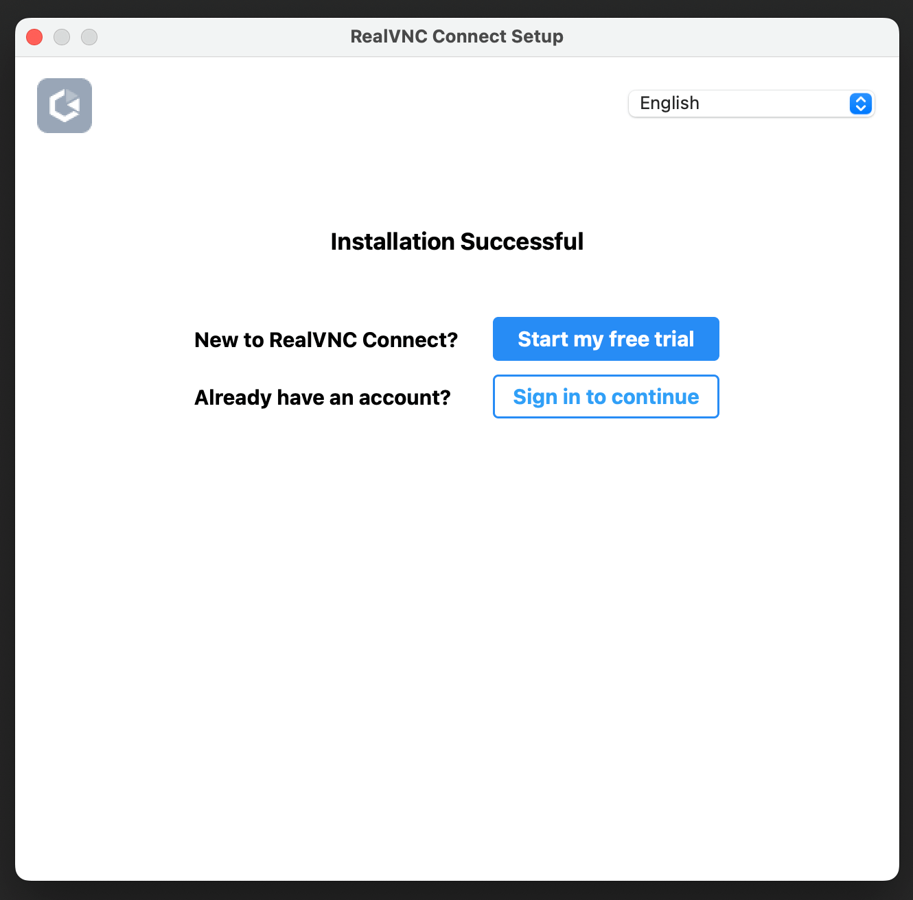 RealVNC Connect start free trial screen