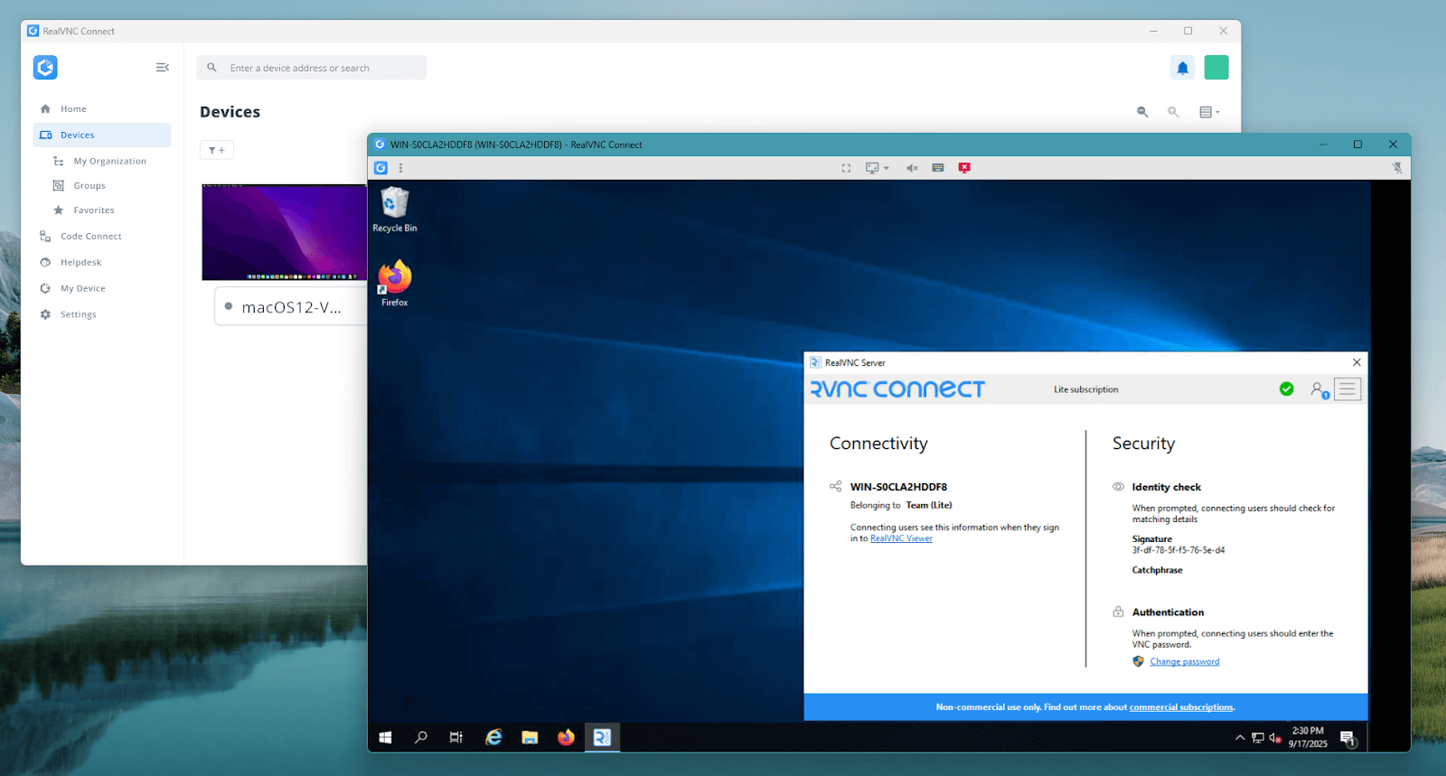 RealVNC Connect with a Windows remote desktop
