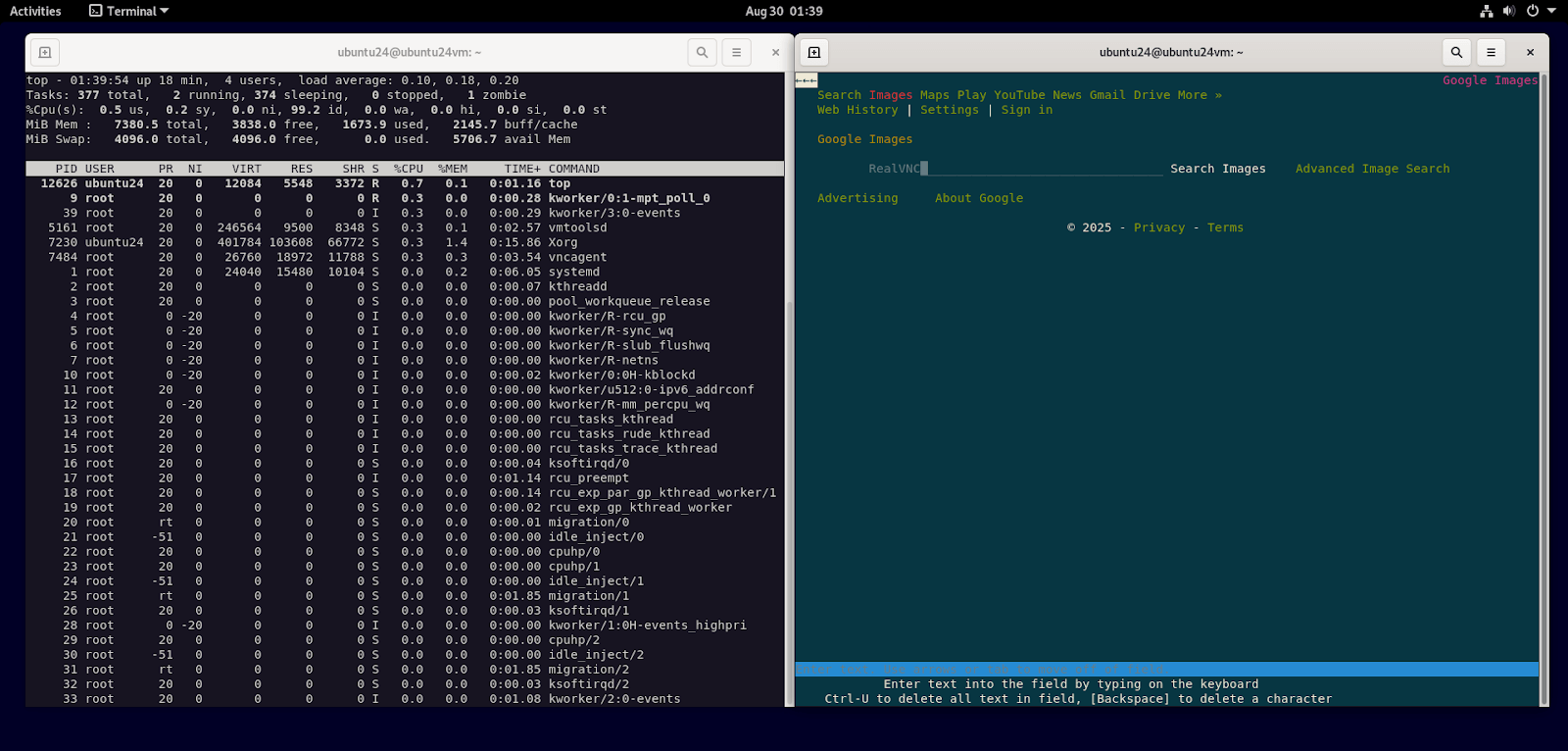 Debian 12 desktop with two SSH sessions active, displaying top and lynx