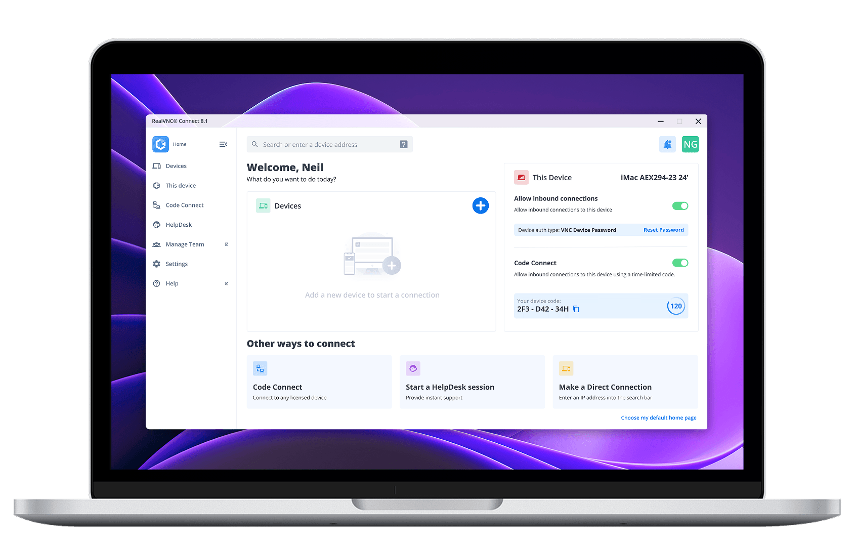 RealVNC Connect dashboard
