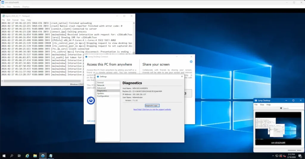 Jump Desktop is displaying audit and diagnostic logs