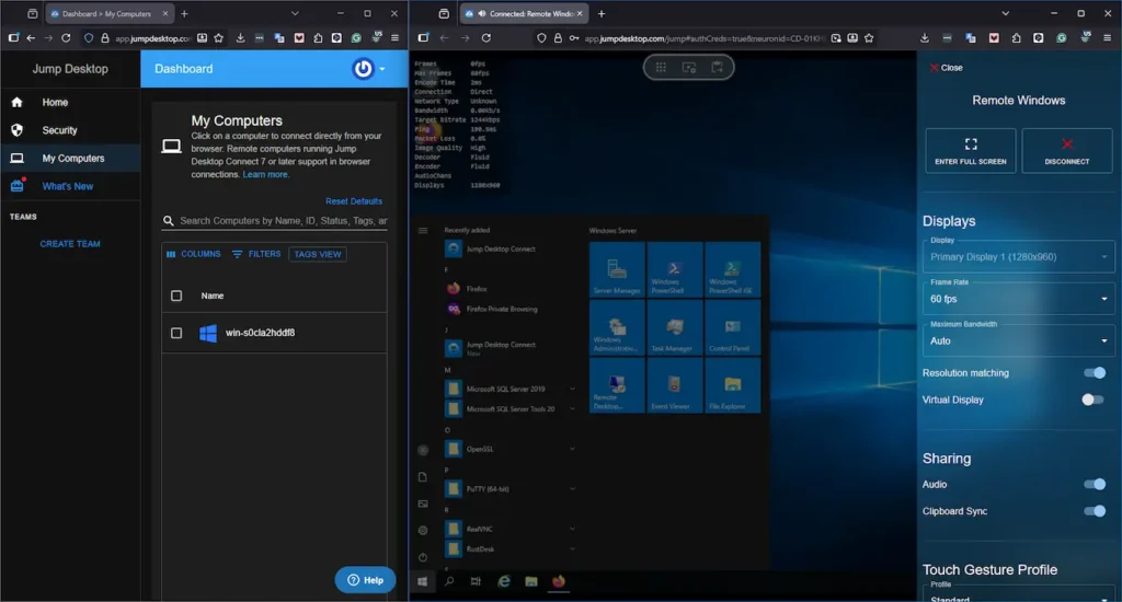 Jump Desktop browser remote session showing connection statistics