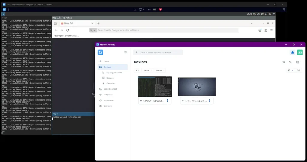 RealVNC Connect showing devices and a remote session with a SWAY wlroots session