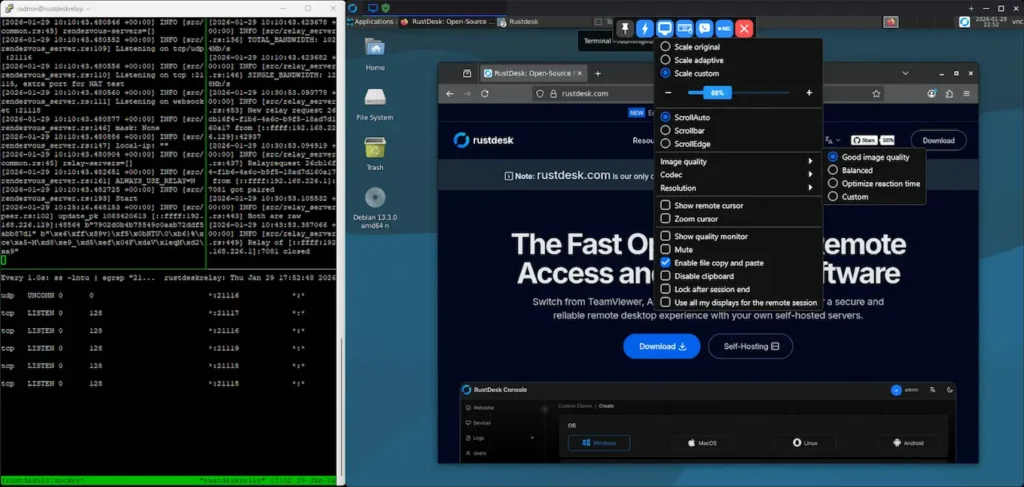 RustDesk remote session with SSH tMUX session showing HBBR/S activity live