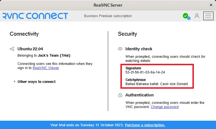 RealVNC Server dashboard on Linux showing the Catchphrase and Signature used for identity verification