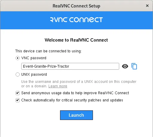 RealVNC Connect setup screen on Linux showing the VNC password, for remote access from Mac