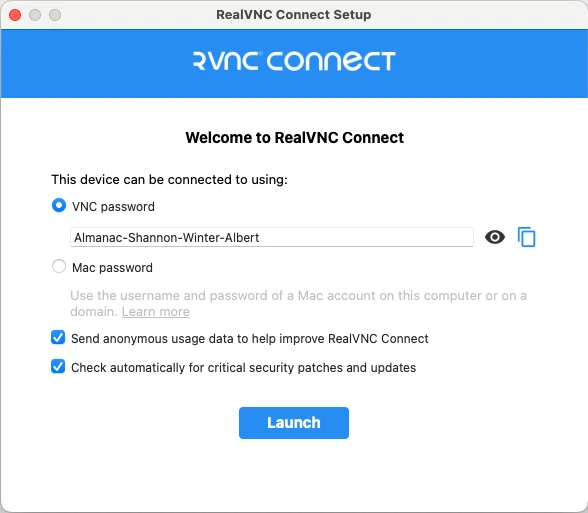 RealVNC Connect setup screen on Mac showing the VNC password, for remote access from iPhone