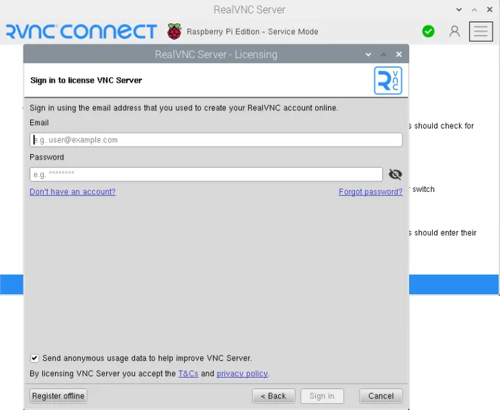 RealVNC Server Licensing screen on Raspberry Pi, signing in with a RealVNC account