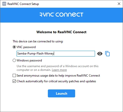 RealVNC Connect setup screen on Windows showing the VNC password, for remote access from Raspberry Pi