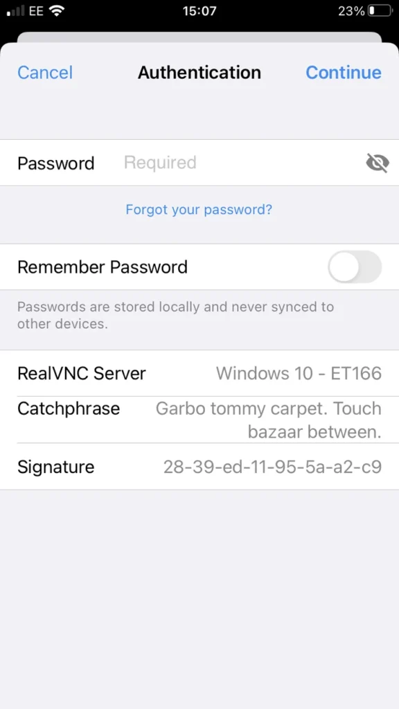 RealVNC Viewer authentication screen on iPhone when connecting to a Mac