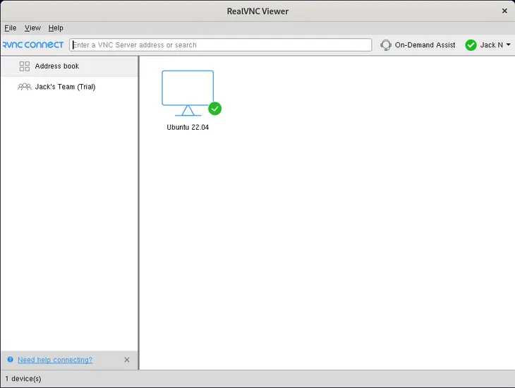 RealVNC Viewer on Linux showing a remote computer listed as a connection